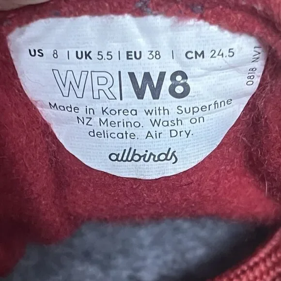 Allbirds Wool Runners Red White Running Shoes Sneakers 0818 NV1 Women Size 8 - Picture 8 of 8